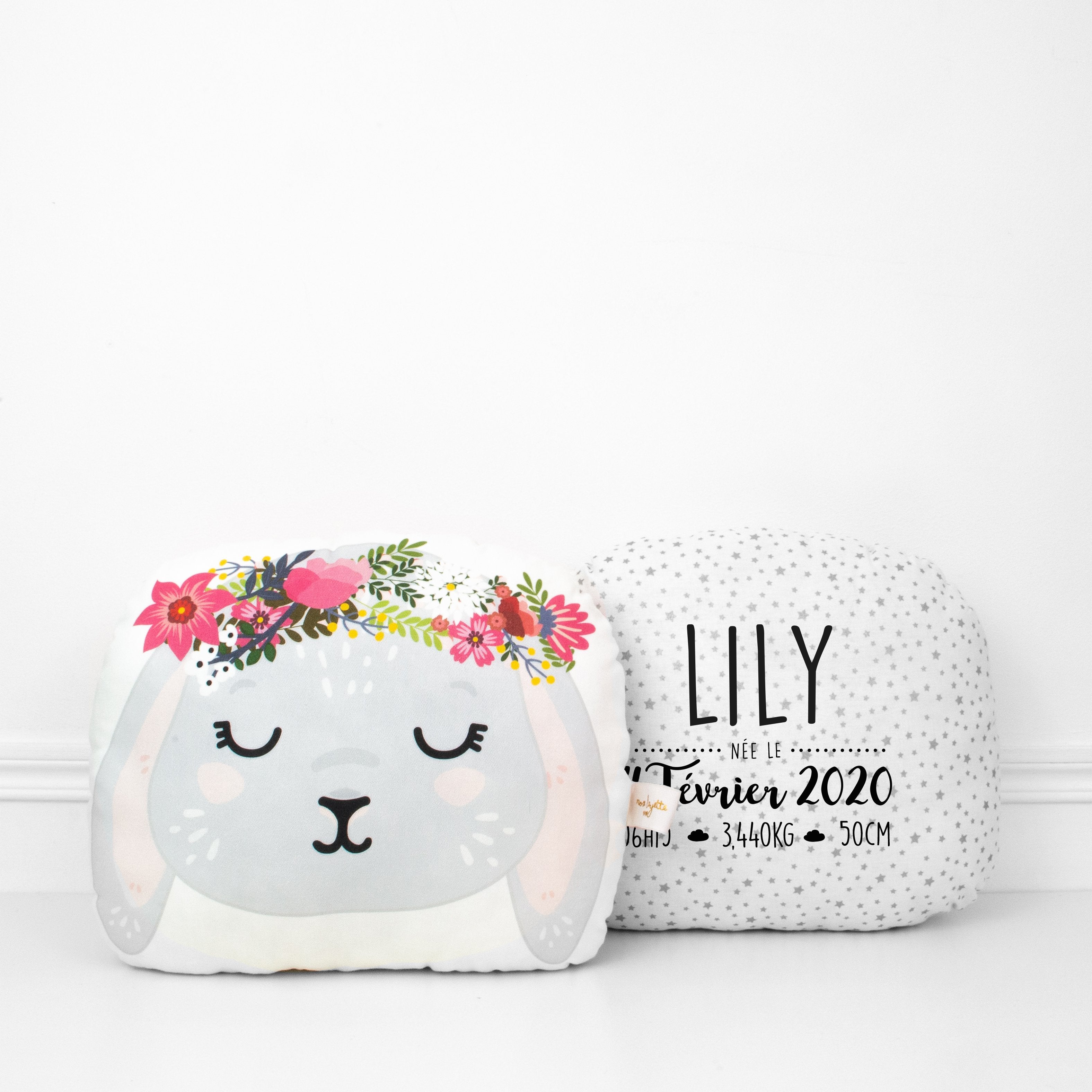 Coussin de Naissance - Lapine Couronne de Fleurs