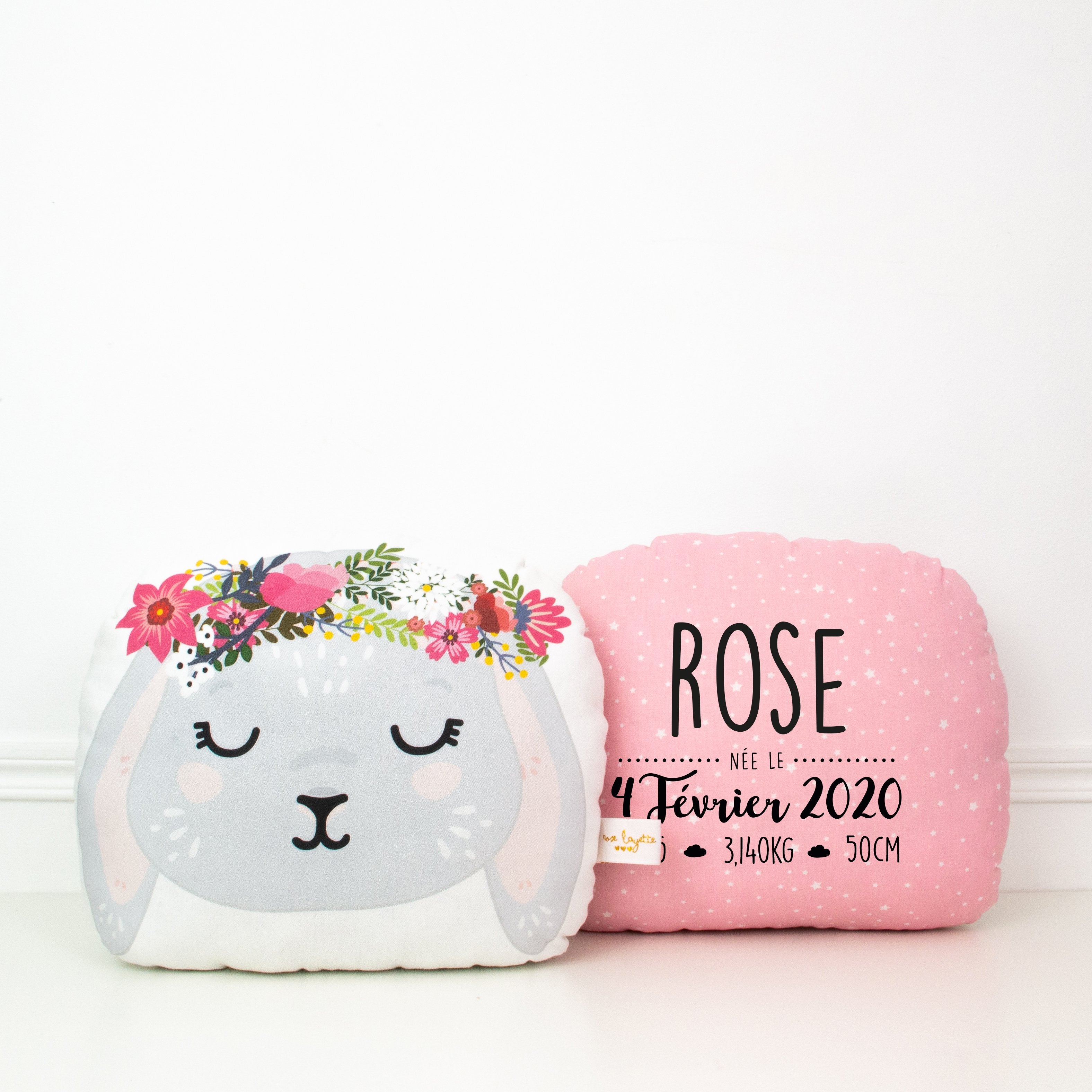 Coussin de Naissance - Lapine Couronne de Fleurs